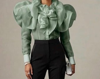 The Aurelia Blouse: Satin-Faced Organza Ruffled Statement Top with Dramatic Puff Sleeves