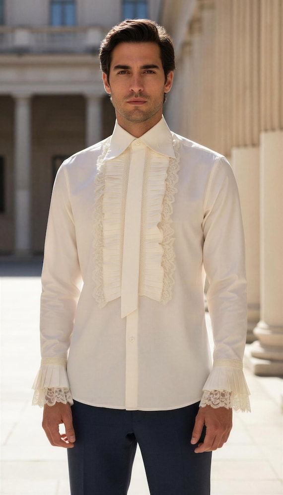 Ivory men’s silk & lace ruffles shirt in sizes S M L XL 2XL 3XL
