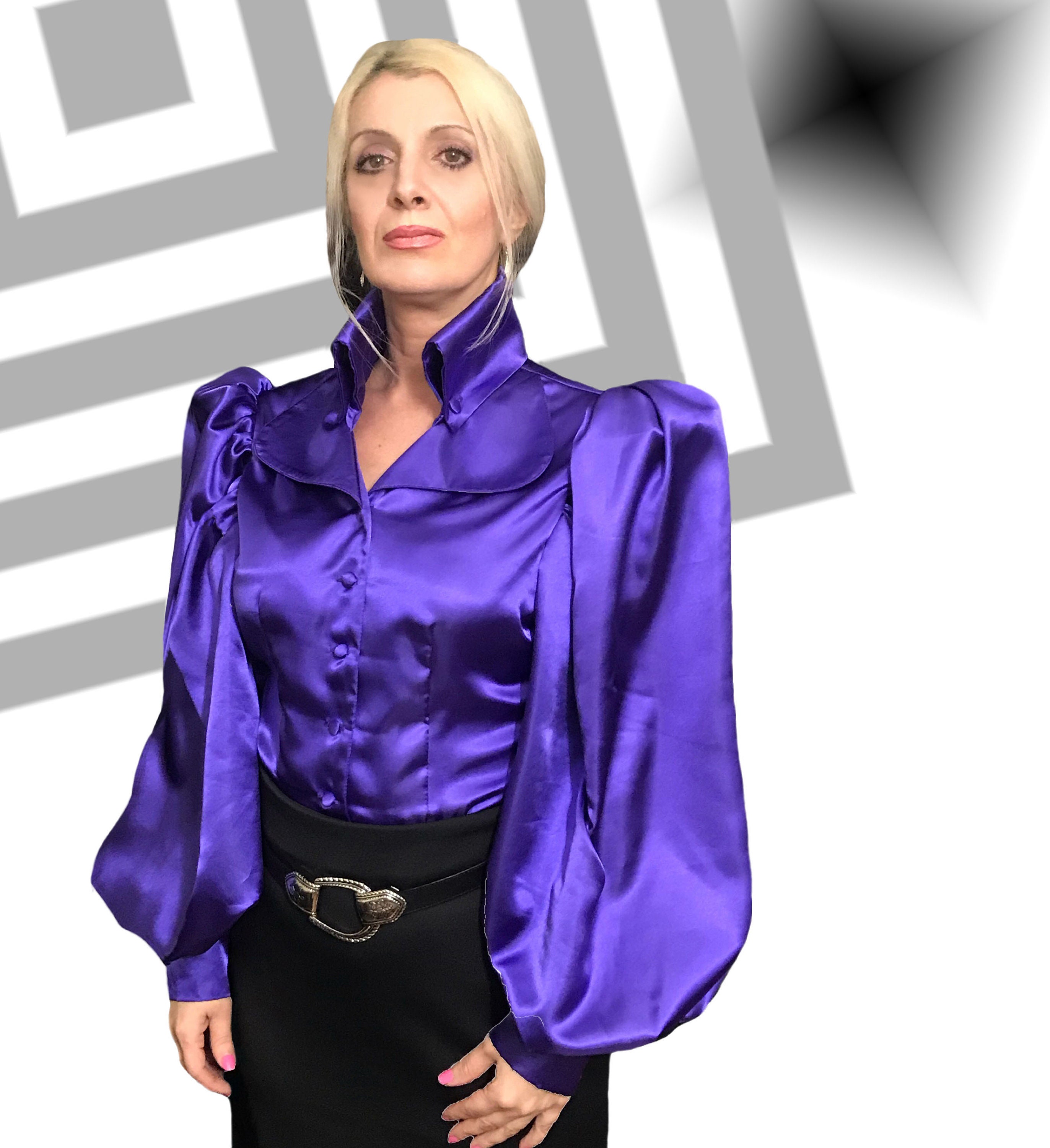 Deep Purple Lapel Collar Satin Balloon Blouse in Sizes XS S M | Etsy