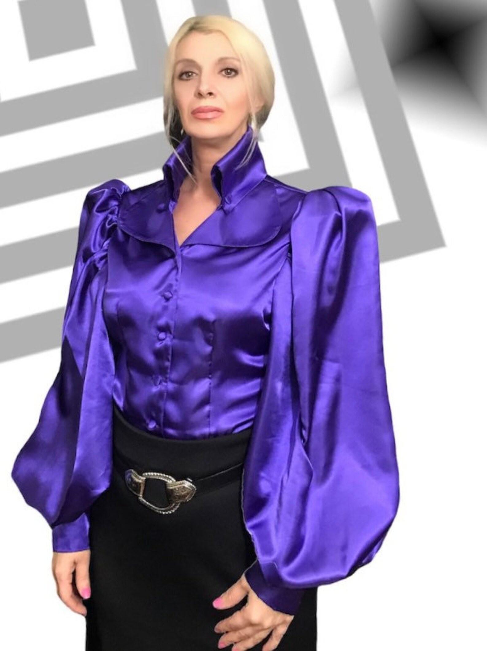 Deep Purple Lapel Collar Satin Balloon Blouse in Sizes XS S M - Etsy