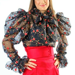Black bow neck embroidered silk organza ruffle blouse