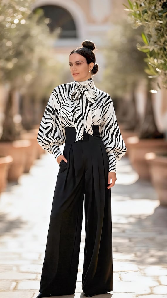 Zebra printed tie-neck blouse in sizes XS S M L XL 2XL 3XL 4XL