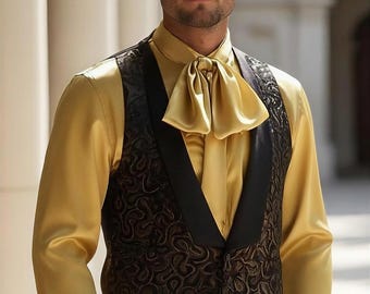 Camisa de seda dorada con cuello tipo corbata, manga ancha, tallas para hombre