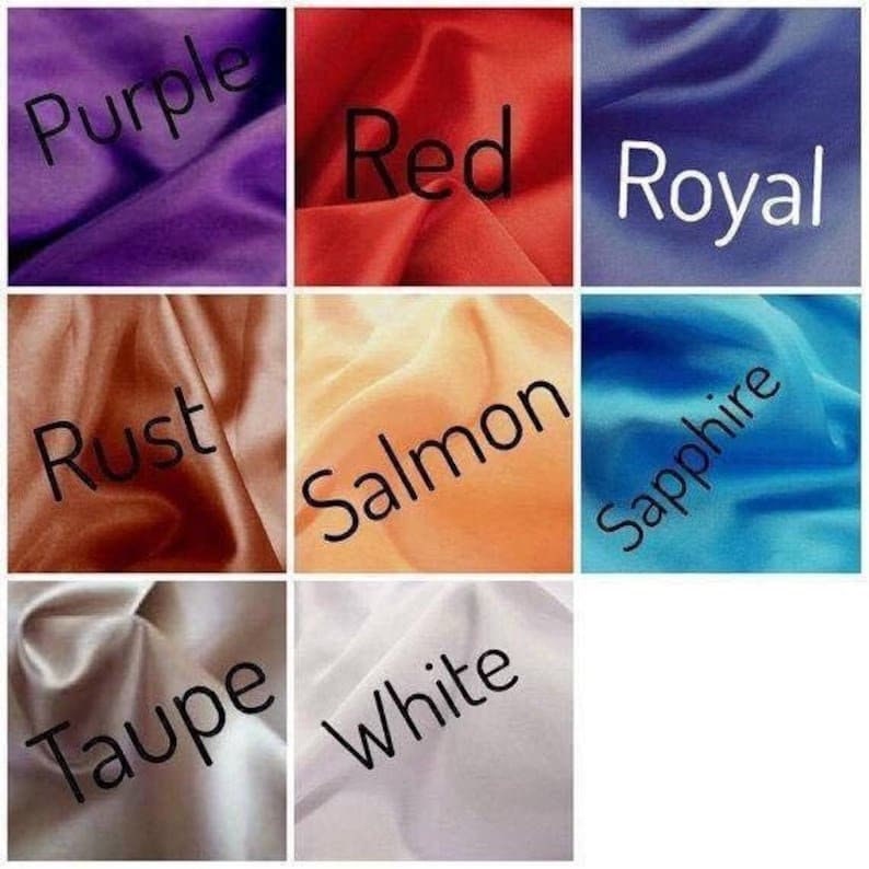 May include: A grid of fabric swatches in various colors, including purple, red, royal blue, rust, salmon, sapphire, taupe, and white. Each swatch has the color name written across it in a handwritten style font.