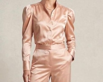 Dusty Pink Satin High-Neck Blouse with Bishop Sleeves