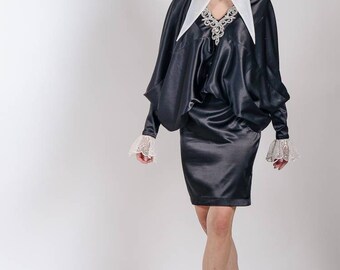 Little black & white satin batwing dress with oversized embroidery organza collar