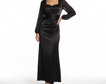 Black Sweetheart Geraffte A Kleid mit Chiffon Ärmeln