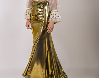 Gold Metsllic Pearl Embelished Long Skirt With Train