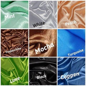 May include: A collage of ten fabric swatches in different colors and textures, including mint, white, peach, Frappuccino, mocha, turquoise, lime, black, coppen, and a light blue color.