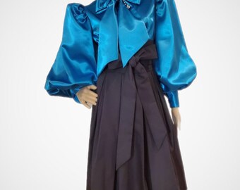 Turquoise Tie-Neck Long Sleeve Satin Blouse