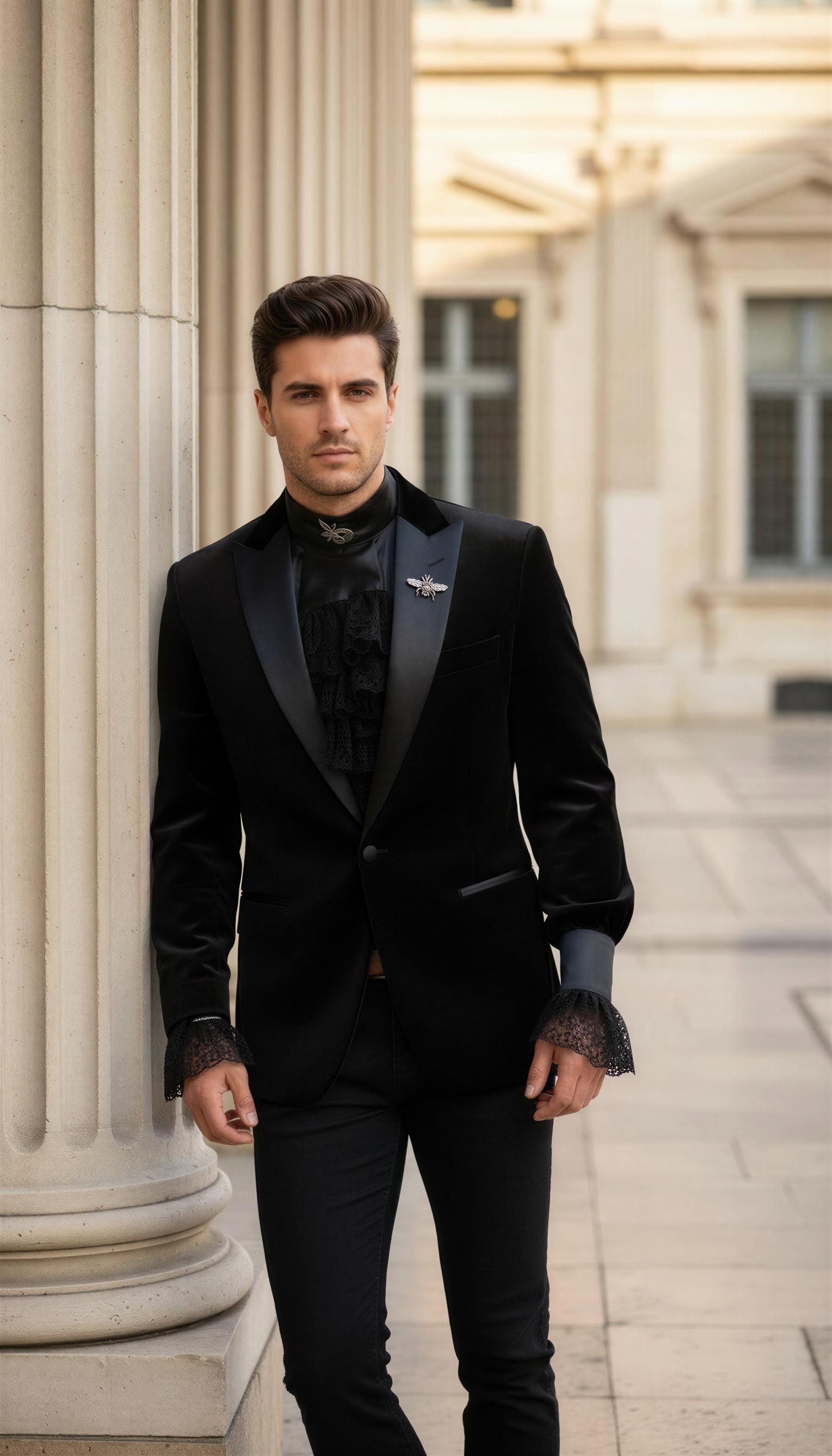 Men's Silk Lace Dress Shirt with Detachable Jabot