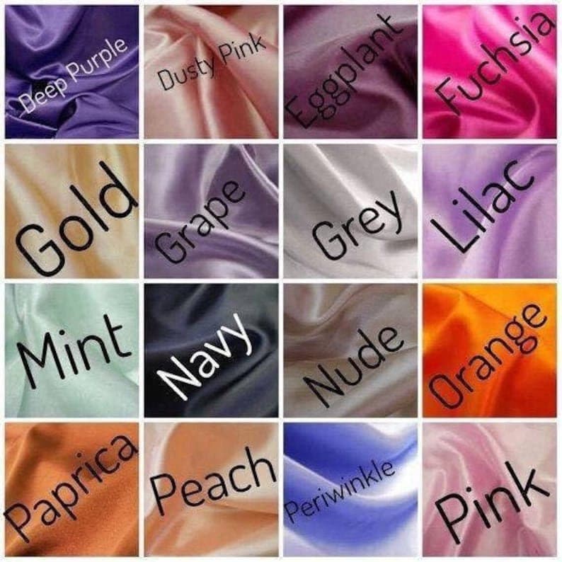 May include: A grid of fabric swatches in various colors, including deep purple, dusty pink, eggplant, fuchsia, gold, grape, grey, lilac, mint, navy, nude, orange, paprika, peach, periwinkle, and pink. Each swatch has its color name in a bold font.