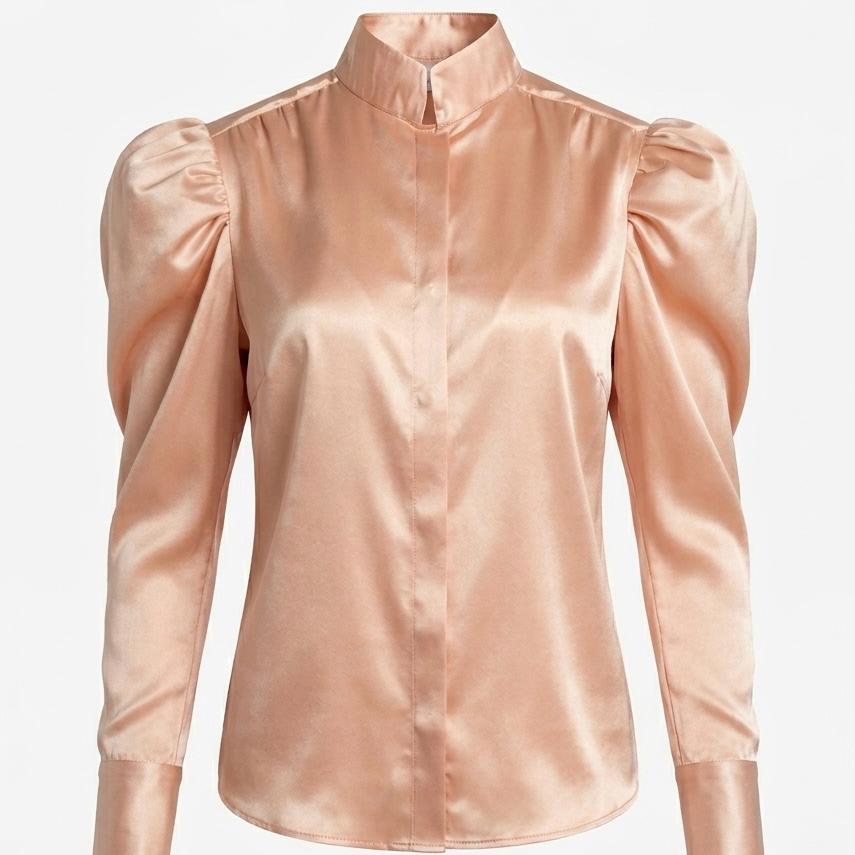 Dusty Pink Satin High-neck Blouse With Bishop Sleeves - Etsy