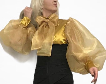 Bow-Neck Balloon-Sleeved Satin & Organza Blouse in Antique Gold