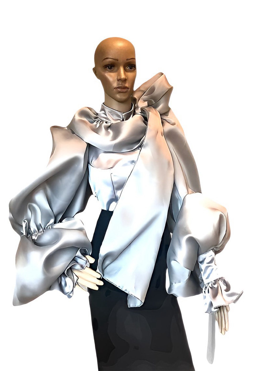 Grey Semi-fitting Satin& Silk Organza Bow-neck Blouse - Etsy Grey Semi-fitting Satin& Silk Organza Bow-neck Blouse - Etsy