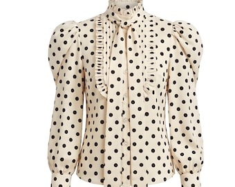 Ruffled Charmeuse Satin Blouse, Puff Sleeves, Vintage Style