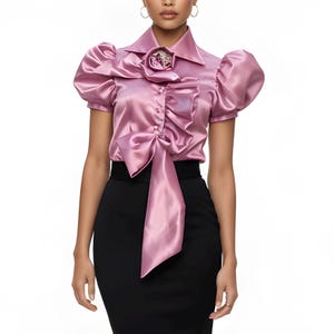 Puffy short sleeve frill satin top