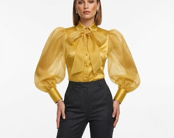 Bow-Neck Balloon-Sleeved Satin & Organza Blouse in Antique Gold