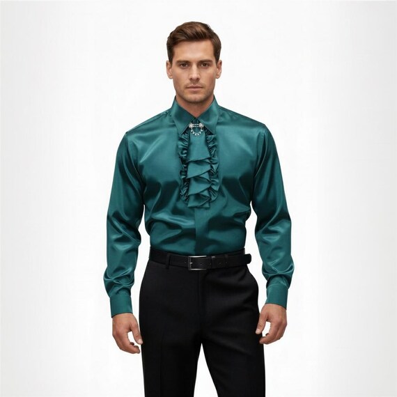 mens green silk dress shirt Men's Apple Green Satin Dress Shirt with Tie & Handkerchief 15.5 34/35 / Apple Green