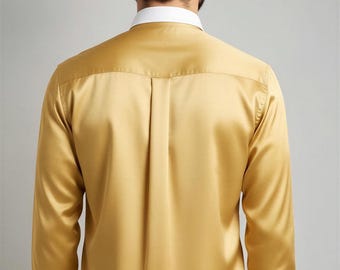 gold colored men's dress shirts Metallic Satin Shirt with Contrast White Collar and Hidden Placket golden formal gold color shirt