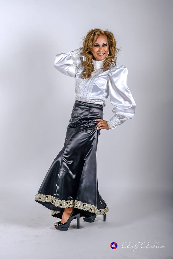 White satin blouse top black satin skirt