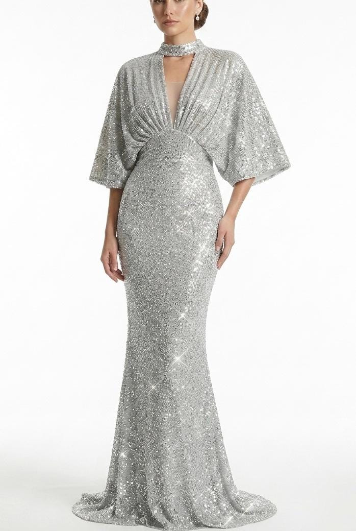 silver jersey dress Metallic Gown with Cape Sleeves, Shimmer Knit Maxi Dress, High Neck Plunging V Evening Dress, Old Hollywood Glamour Ralph lauren