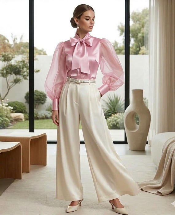 Bow-neck Balloon-sleeved Satin & Organza Blouse in Antique Gold - Etsy