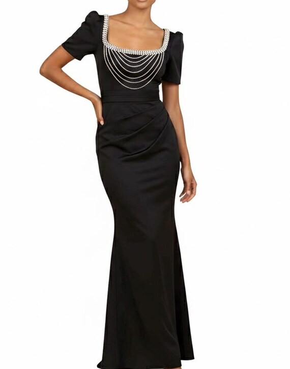 knee length dresses for ladies Zapaka Women Spaghetti Straps Evening Dress Black Strecth Satin Mermaid Ruched Formal Dress, Black / US14 main image 0