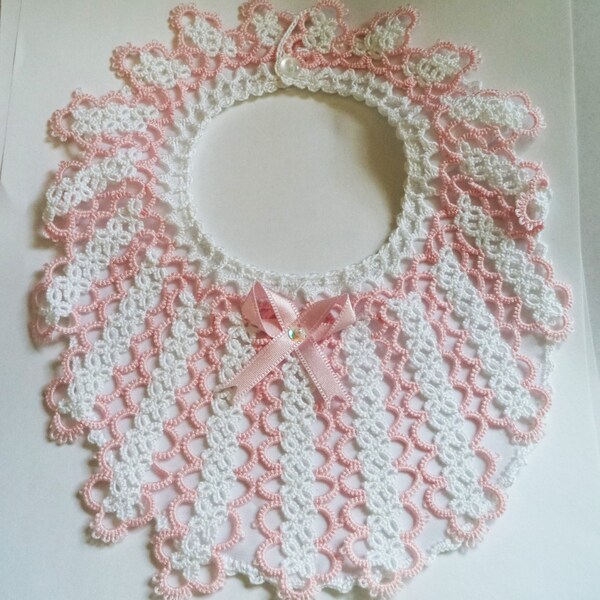 Unique Heirloom Baby Girl Fine Crochet Bib white with pink