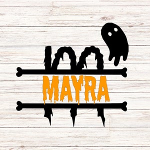 May include: A Halloween-themed design featuring the name "MAYRA" in orange, dripping letters, set between two black bone accents. Above, the word "BOO" is in a similar style, with a black ghost in the upper right corner.