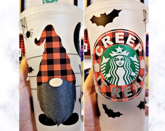 Halloween Gnome Starbucks Cup | Gnome Starbucks Cold Cup | Buffalo Plaid Gnome Starbucks Cold Cup