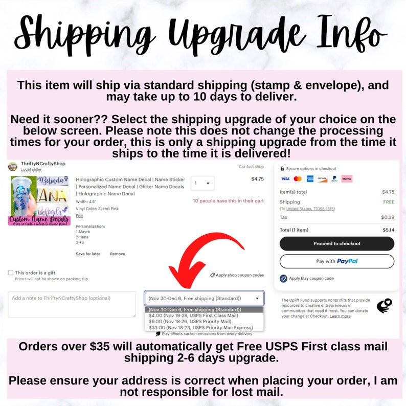 May include: A screenshot of an Etsy shop listing for a holographic custom name decal. The decal is available in a variety of colors and sizes. The listing also includes information about shipping options and processing times. The text on the image reads "Shipping Upgrade Info" and "Orders over $35 will automatically get Free USPS First class mail shipping 2-6 days upgrade."