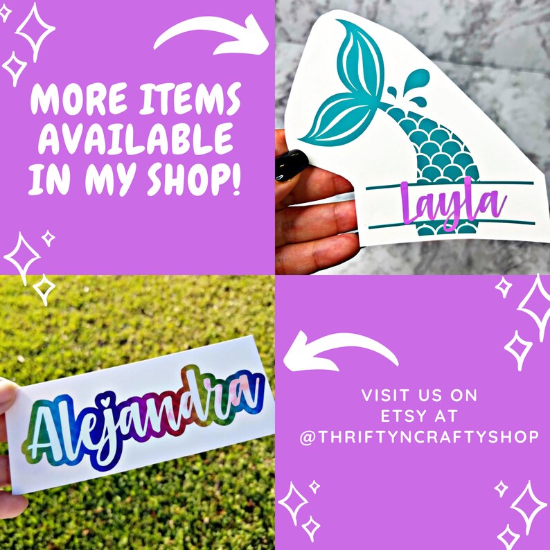 May include: Two personalized vinyl stickers, one with a mermaid tail and the name "Layla" and the other with the name "Alejandra" in rainbow colors. The stickers are on a pink background with white stars.