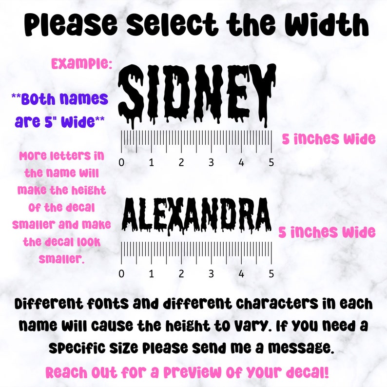 May include: A ruler with black markings shows the width of two names, "SIDNEY" and "ALEXANDRA", both 5 inches wide. The names are written in a dripping, black font. The text below the ruler explains that more letters in a name will make the height of the decal smaller.