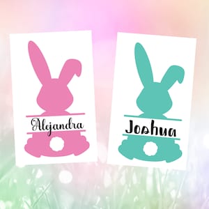 May include: Two Easter bunny silhouettes with names "Alejandra" and "Joshua" written across the middle. The bunny on the left is pink and the bunny on the right is teal.