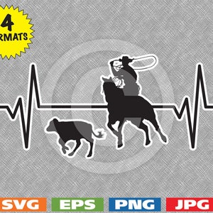 Peut inclure: Silhouette noire d'un cowboy à cheval en train de lassoer un veau, avec une ligne de battement de cœur derrière eux.