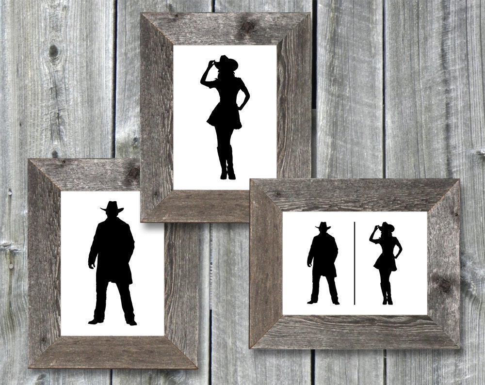 Instant Download - 5x7 Printable Bathroom Door Signs - Cowboy \u0026 Cowgirl -  Graphic Files - 1 PDF + 3 Individual JPGs, image size:1000x794