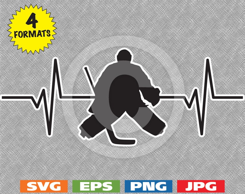 May include: Black and white silhouette of a hockey goalie in a goalie stance with a hockey stick and a heartbeat line behind the goalie.