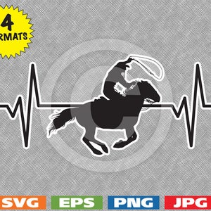 Peut inclure: Une silhouette noire d'un cow-boy à cheval avec un lasso à la main, superposée à un graphique de battement de cœur noir et blanc stylisé.