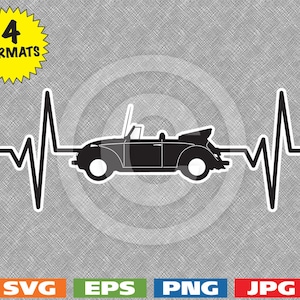 May include: Black silhouette of a classic car with a heartbeat line extending from the car's exhaust pipe. The car is a convertible with the top down. The image is on a grey background.