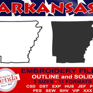ARKANSAS Machine Embroidery Files - Outline and Solid-  3 Sizes, 11 Popular Formats
