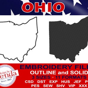 OHIO Machine Embroidery Files - Outline and Solid-  3 Sizes, 11 Popular Formats