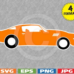 May include: A silhouette of an orange car with black wheels. The car is a classic muscle car with a long hood and a short rear deck. The car is facing to the right.