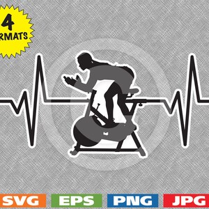 May include: Black silhouette of a person riding a stationary bike with a heartbeat line above. The image is on a gray background.