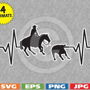 Peut inclure: Silhouette noire d'un cowboy à cheval en train de lassoer un veau avec une ligne de battement de cœur derrière eux.