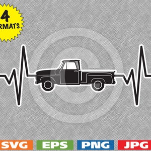 Puede incluir: Silueta negra de una camioneta pick-up con una línea de latido del corazón que se extiende desde el tubo de escape de la camioneta. La imagen está sobre un fondo gris con el texto "4 FORMATS" en una explosión de estrella amarilla.