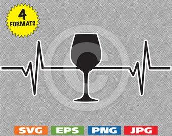 Heartbeat - Imagem de taça de vinho - arquivo de corte svg MAIS eps/vector, jpg, png - 300dpi