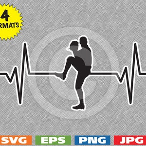 Könnte beinhalten: Schwarz-weiße Baseball-Pitcher-Silhouette, integriert in ein Herzschlag-Linien-Design. Das Bild enthält den Text "4 FORMATS" in einem gelben Stern und Dateityp-Icons: SVG, EPS, PNG und JPG.
