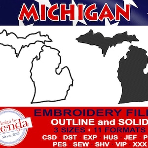 MICHIGAN Machine Embroidery Files - Outline and Solid-  3 Sizes, 11 Popular Formats