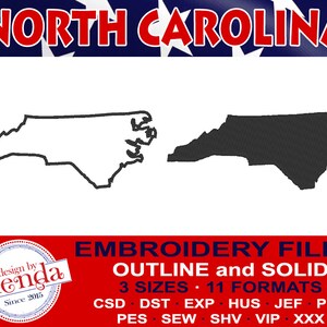 NORTH CAROLINA Machine Embroidery Files - Outline and Solid-  3 Sizes, 11 Popular Formats